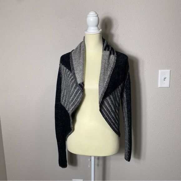 Cabi Black & Gray Shawl Collar Drapped Open Front Knit Cardigan Women's Medium - Picture 10 of 13